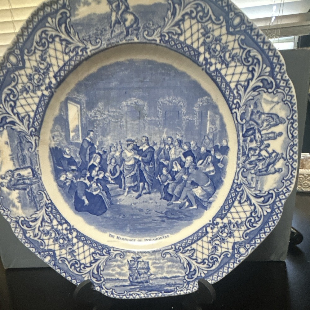 Crown Ducal Colonial Times Blue & White Ceramic Decorative Plate Pocahontas
